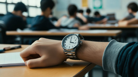 A student checking their watch while taking a timed exam in a classroomの素材