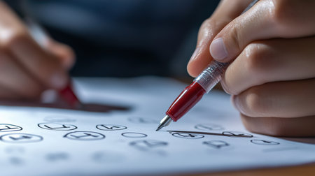 A close-up of a teacher marking exam papers with a red pen, grading students answersの素材
