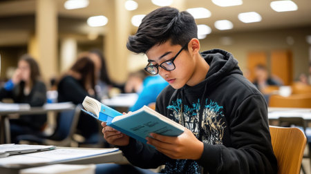A student flipping through the pages of a test booklet during a standardized examの素材