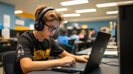 A student with headphones on, focused on taking a digital exam on a laptopの素材