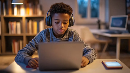 A student with headphones on, focused on taking a digital exam on a laptopの素材