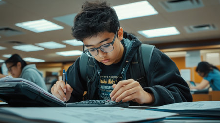 A student using a calculator to solve a math problem during a standardized examの素材
