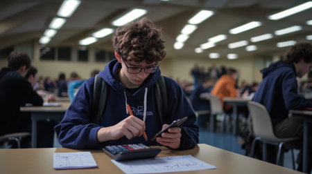 A student using a calculator to solve a math problem during a standardized examの素材