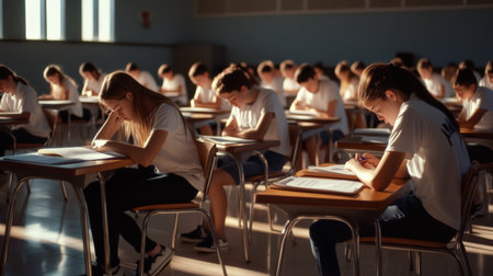"A classroom full of students bent over their desks, focused on answering exam questions --ar 16:9 --personalize jaydbm9 --v 6.1 Job ID: 5dadcb42-3833-4761-8449-6c71624cbe96の素材