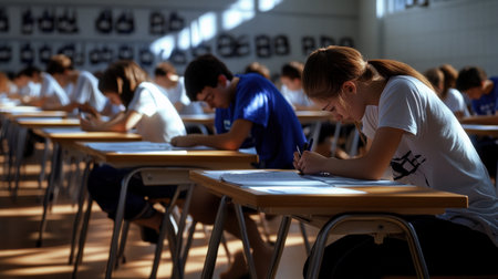 "A classroom full of students bent over their desks, focused on answering exam questions --ar 16:9 --personalize jaydbm9 --v 6.1 Job ID: 5dadcb42-3833-4761-8449-6c71624cbe96の素材
