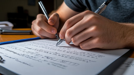 A close-up of a student hand writing the final answer on their exam paperの素材