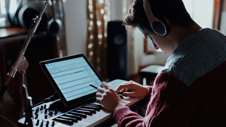 A person taking a language proficiency test on a tablet, focusing on the questionsの素材