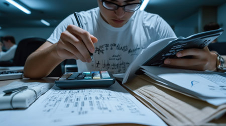 "A student using a calculator during a math exam, solving complex problems --ar 16:9 --personalize jaydbm9 --v 6.1 Job ID: 6e088cc2-6c64-487c-a47a-c39bba20a001の素材