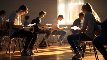A group of students sitting in a classroom, taking an important exam in silenceの素材