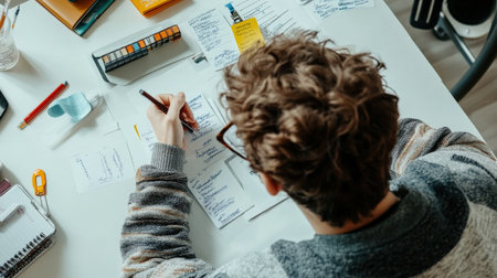 A person studying with flashcards for an upcoming exam, reinforcing key conceptsの素材