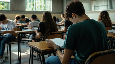 A group of students sitting in a classroom, taking an important exam in silenceの素材