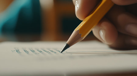 A close-up of a pencil on a standardized test form, ready to mark answersの素材
