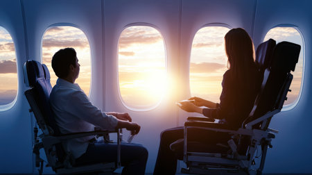An air hostess assisting a passenger with special needs before takeoff.の素材