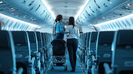 An air hostess assisting a passenger with special needs before takeoff.の素材