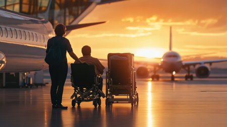 An air hostess assisting a passenger with special needs before takeoff.の素材