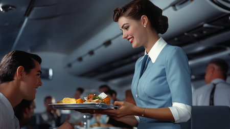 A smiling air hostess holding a tray of refreshments in the airplane aisle.の素材