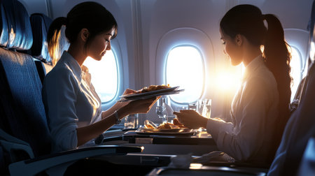 A smiling air hostess holding a tray of refreshments in the airplane aisle.の素材