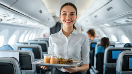 A smiling air hostess holding a tray of refreshments in the airplane aisle.の素材