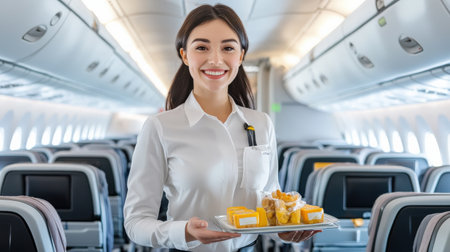 A smiling air hostess holding a tray of refreshments in the airplane aisle.の素材