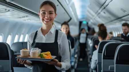 A smiling air hostess holding a tray of refreshments in the airplane aisle.の素材
