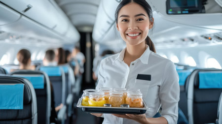 A smiling air hostess holding a tray of refreshments in the airplane aisle.の素材