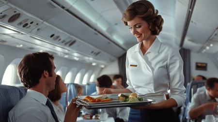 A smiling air hostess holding a tray of refreshments in the airplane aisle.の素材
