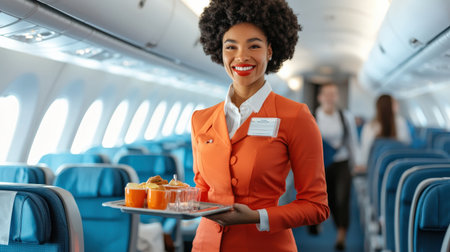 A smiling air hostess holding a tray of refreshments in the airplane aisle.の素材