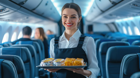 A smiling air hostess holding a tray of refreshments in the airplane aisle.の素材