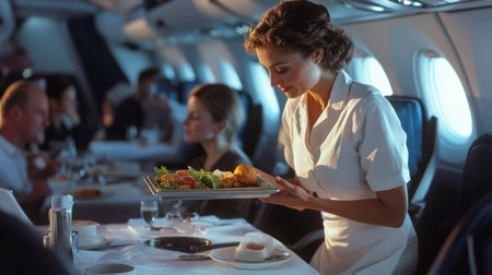 A smiling air hostess holding a tray of refreshments in the airplane aisle.の素材
