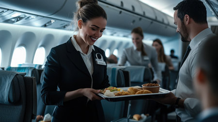 An air hostess offering a meal tray to a passenger on a long-haul flight.の素材
