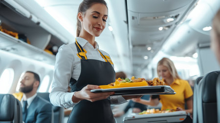 An air hostess offering a meal tray to a passenger on a long-haul flight.の素材