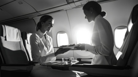 An air hostess offering a meal tray to a passenger on a long-haul flight.の素材