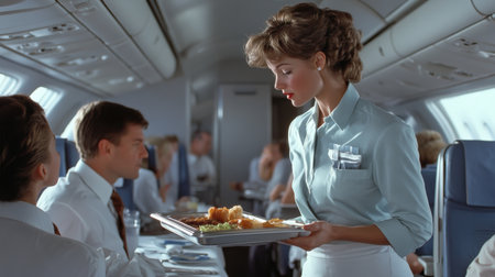An air hostess offering a meal tray to a passenger on a long-haul flight.の素材