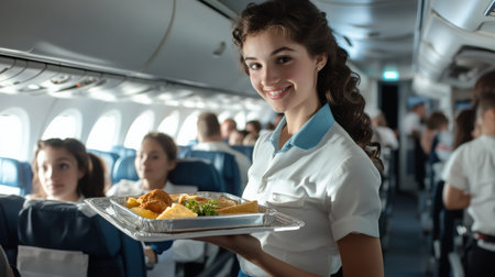 An air hostess offering a meal tray to a passenger on a long-haul flight.の素材