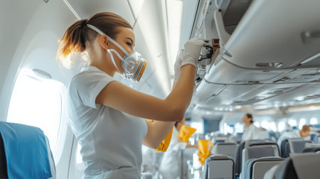 An air hostess demonstrating how to use the oxygen mask during a flight.の素材