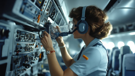 An air hostess demonstrating how to use the oxygen mask during a flight.の素材