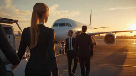 An air hostess greeting passengers as they board the airplane.の素材
