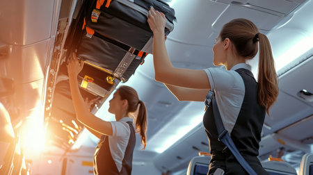 An air hostess helping a passenger place luggage in the overhead compartment.の素材