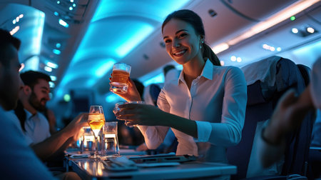 An air hostess serving drinks to passengers in a brightly lit airplane cabin.の素材
