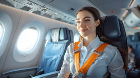 An air hostess demonstrating safety procedures with a seatbelt on an airplane.の素材