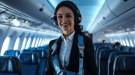 An air hostess demonstrating safety procedures with a seatbelt on an airplane.の素材
