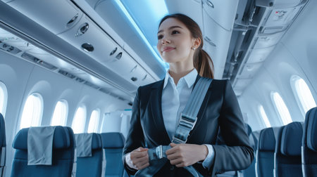 An air hostess demonstrating safety procedures with a seatbelt on an airplane.の素材