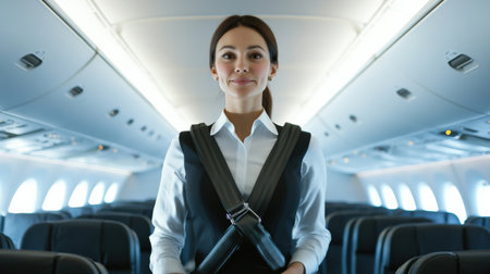 An air hostess demonstrating safety procedures with a seatbelt on an airplane.の素材