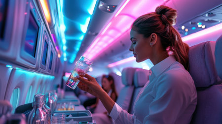 An air hostess serving drinks to passengers in a brightly lit airplane cabin.の素材