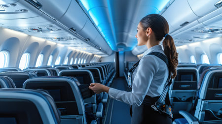 An air hostess demonstrating safety procedures with a seatbelt on an airplane.の素材