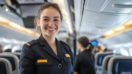 An air hostess in uniform smiling and assisting passengers during boarding.の素材