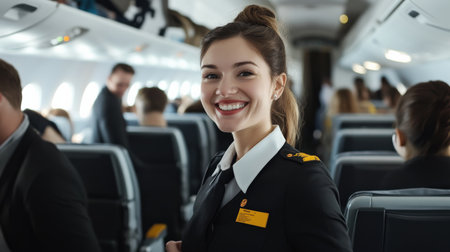 An air hostess in uniform smiling and assisting passengers during boarding.の素材