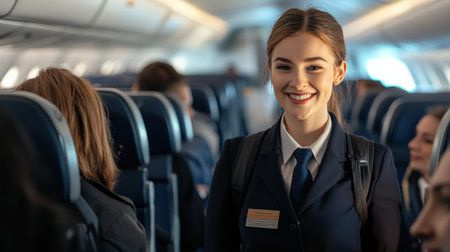 An air hostess in uniform smiling and assisting passengers during boarding.の素材