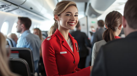An air hostess in uniform smiling and assisting passengers during boarding.の素材