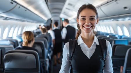 An air hostess in uniform smiling and assisting passengers during boarding.の素材
